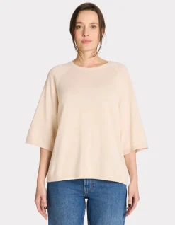 Katoenen trui met korte mouwen en ronde hals - beige