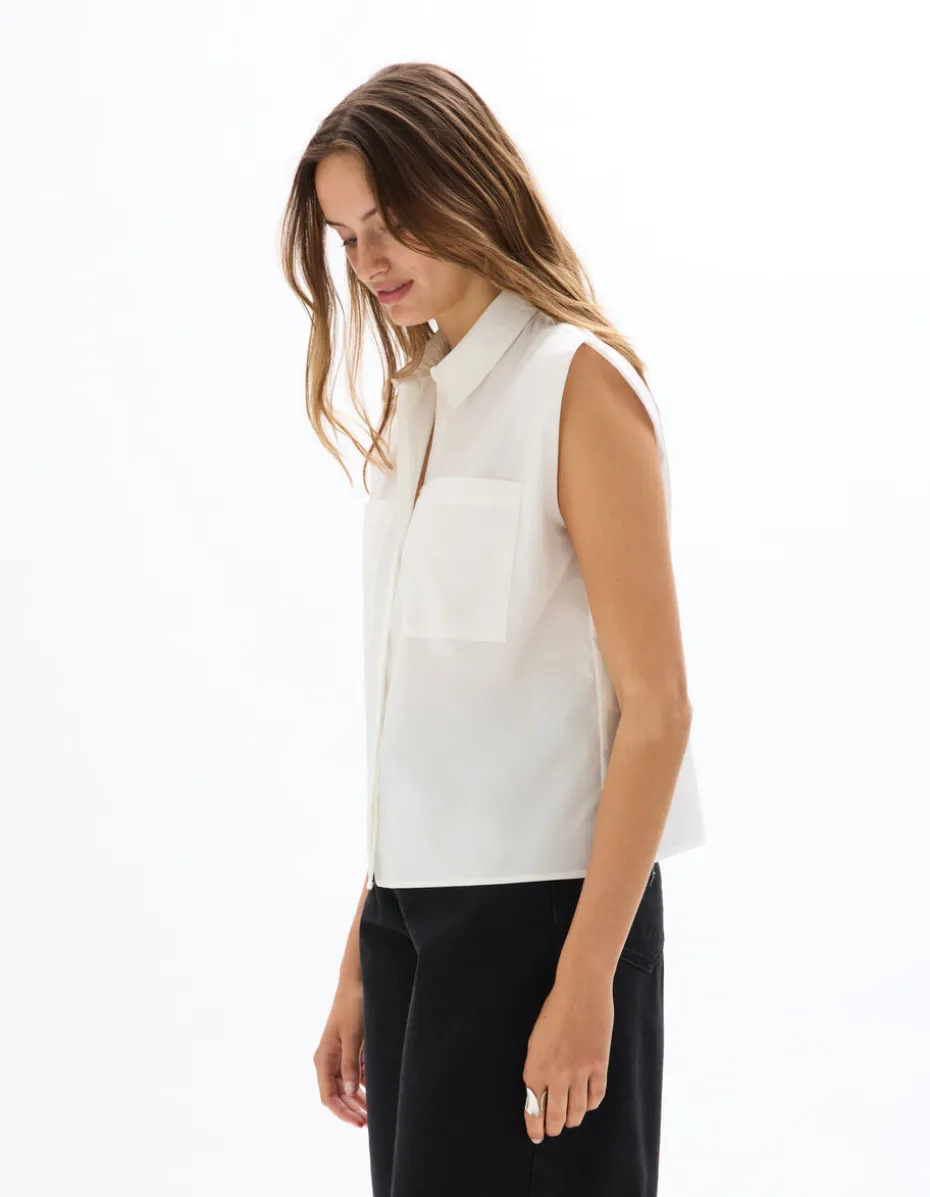 Kort mouwloos boxy shirt - ecru