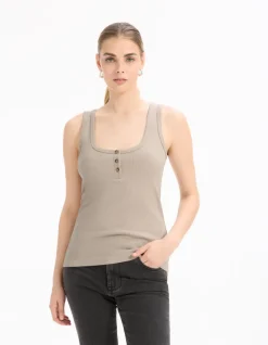 Korte geribbelde tanktop - beige