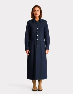 Lange denim jurk met overhemdkraag - blauw