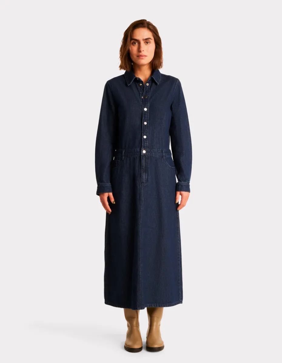Lange denim jurk met overhemdkraag - blauw