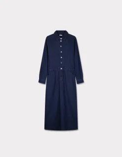 Lange denim jurk met overhemdkraag - blauw