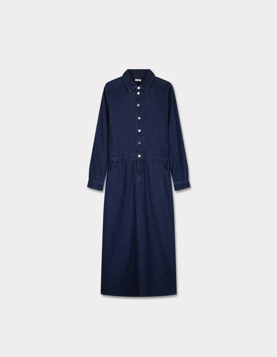 Lange denim jurk met overhemdkraag - blauw