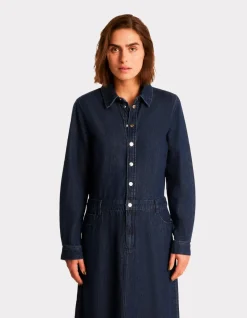 Lange denim jurk met overhemdkraag - blauw