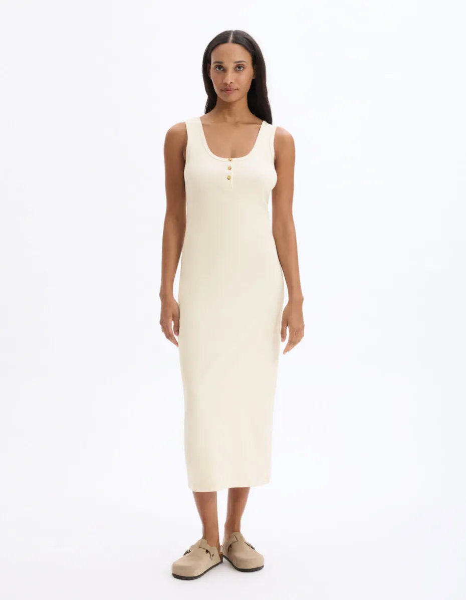 Lange geribbelde katoenen jurk - beige