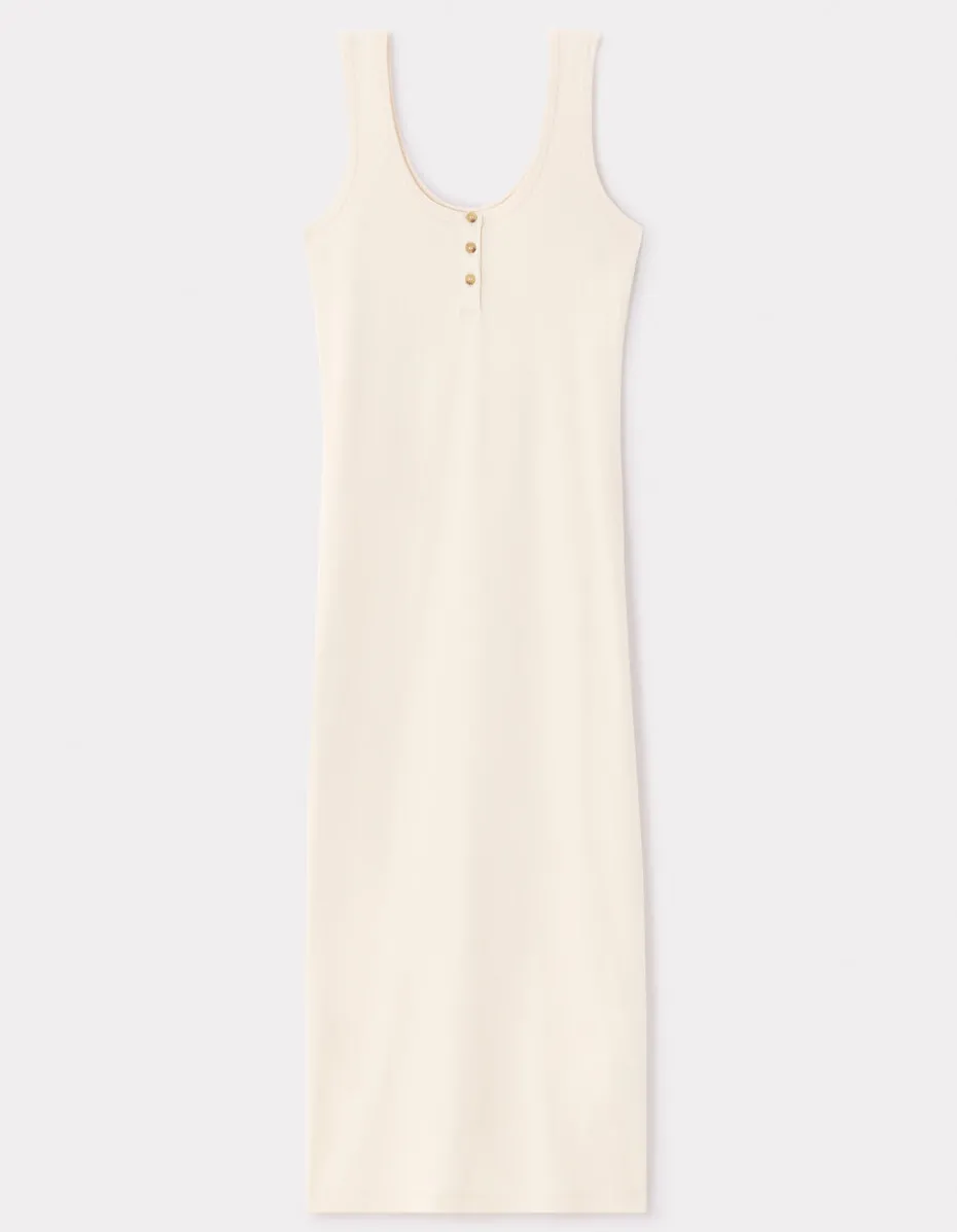 Lange geribbelde katoenen jurk - beige