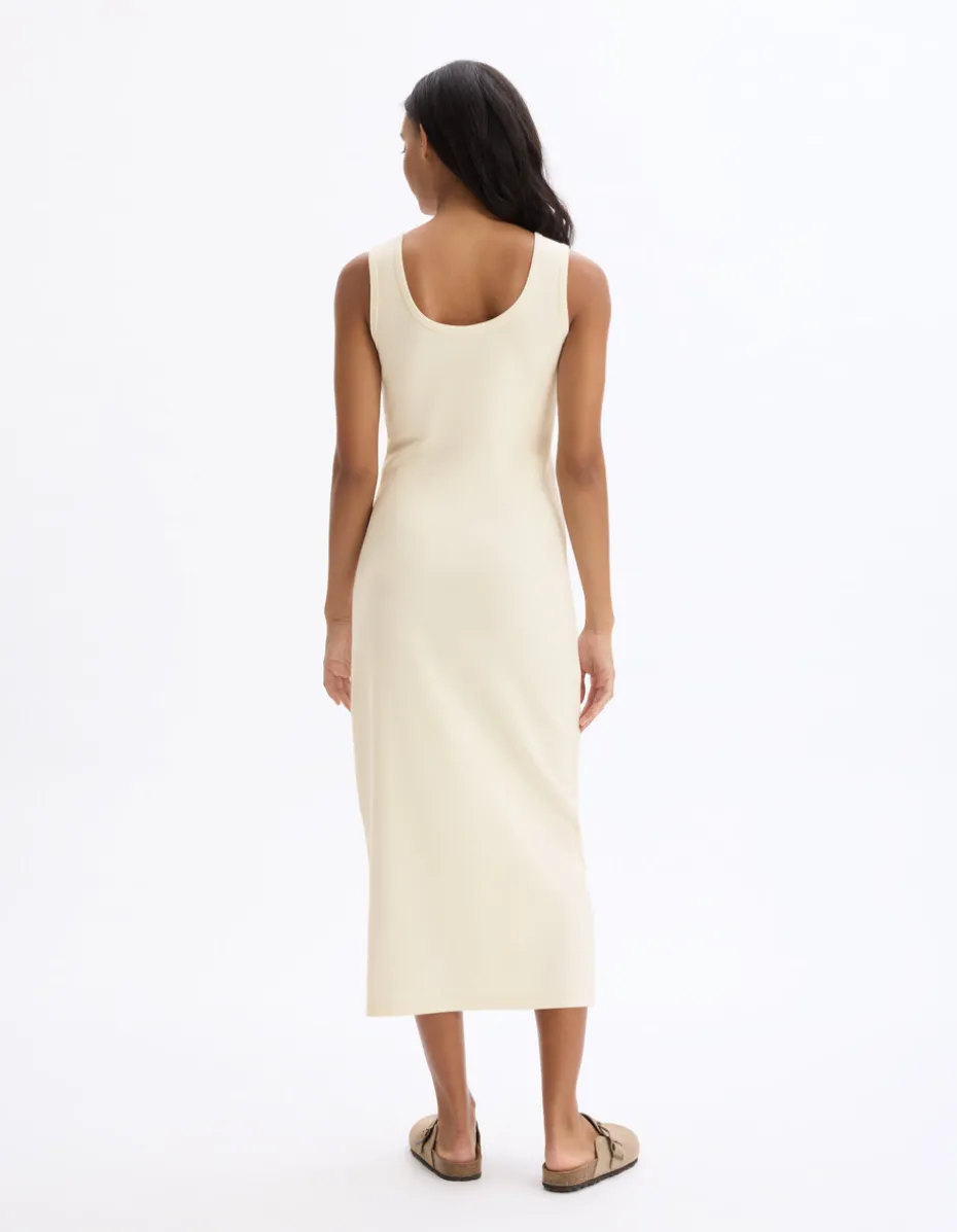 Lange geribbelde katoenen jurk - beige