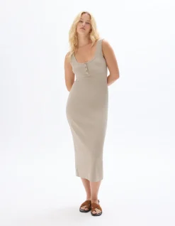 Lange geribbelde katoenen jurk - beige