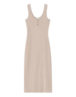 Lange geribbelde katoenen jurk - beige