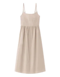 Lange soepelvallende jurk met bandjes - beige