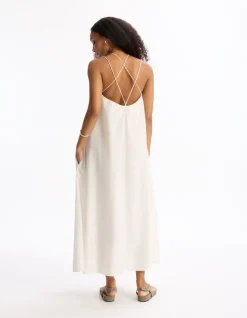 Lange, vloeiende jurk met gekruiste bandjes - beige