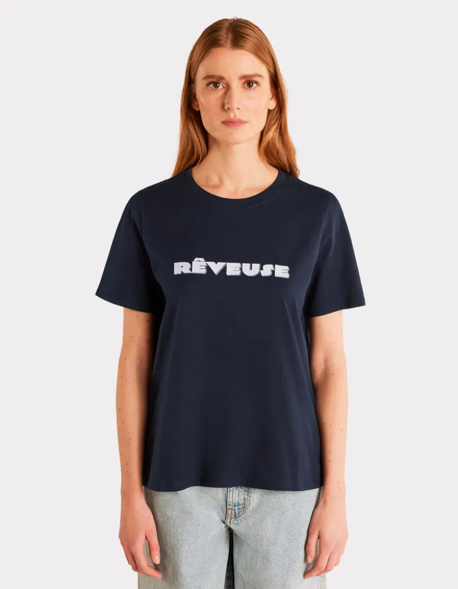 Metallic T-shirt met ronde hals en print - marineblauw