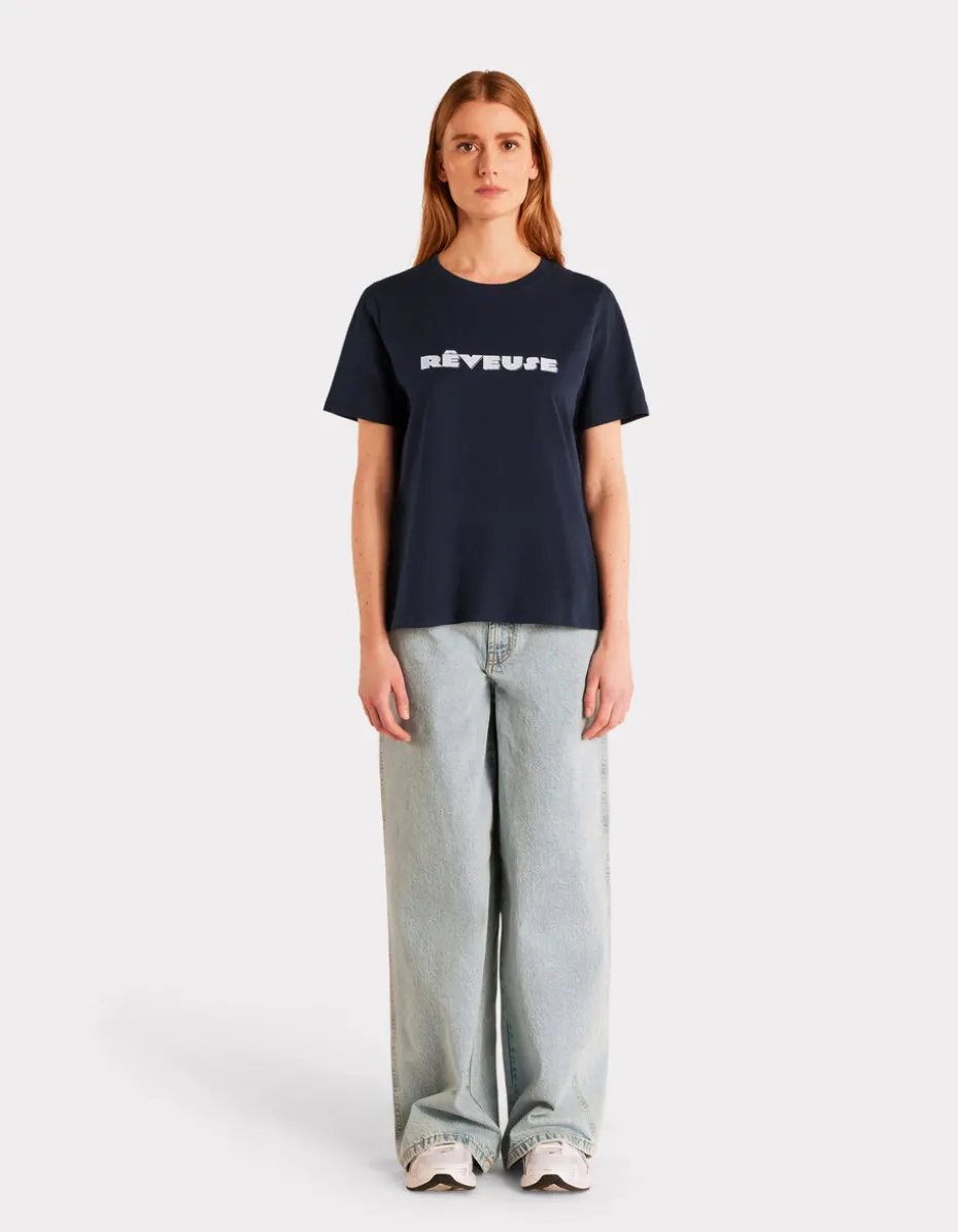 Metallic T-shirt met ronde hals en print - marineblauw