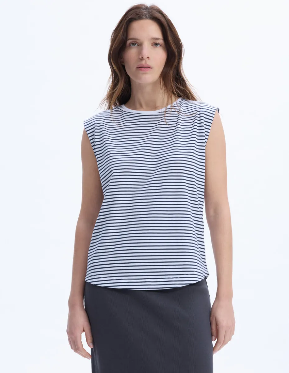 Mouwloos gestreept T-shirt - marineblauw