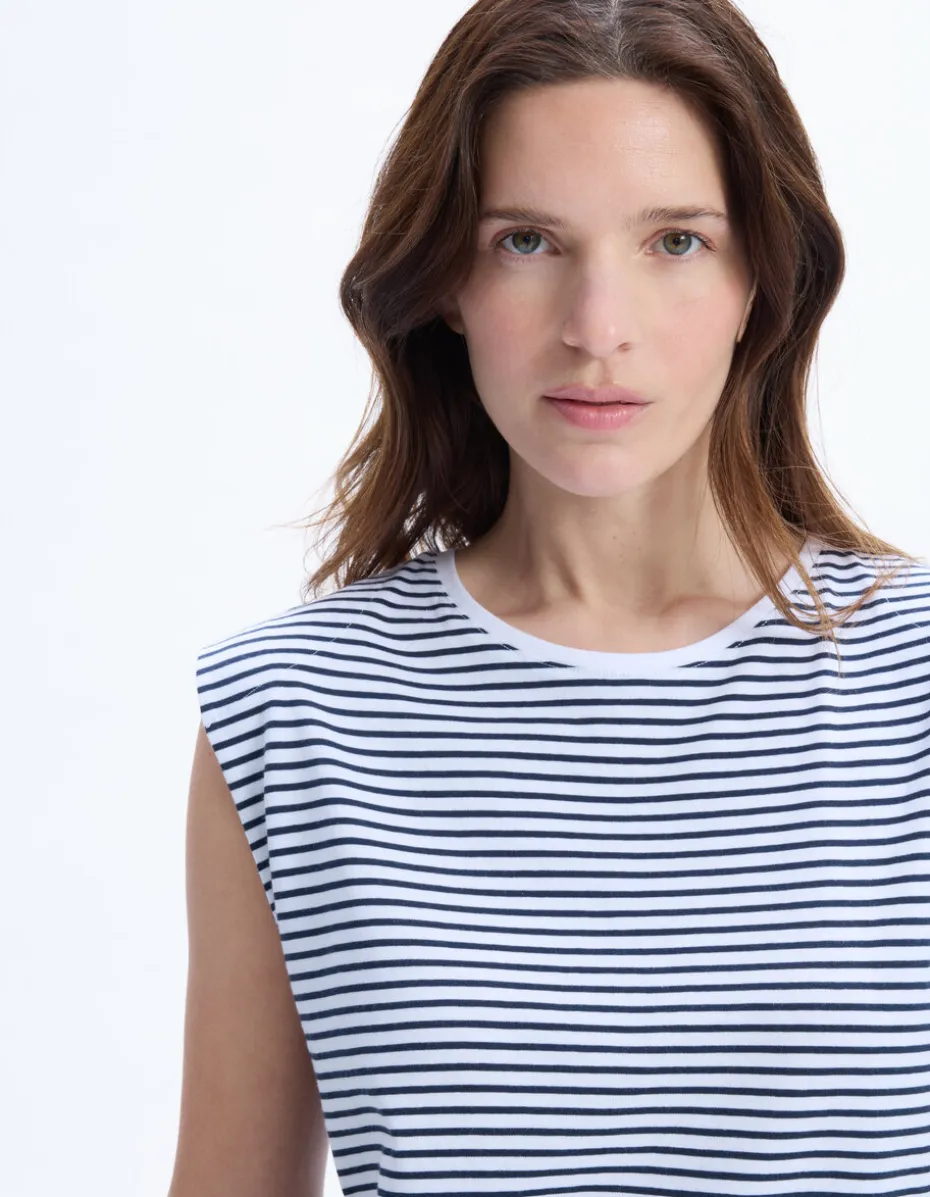 Mouwloos gestreept T-shirt - marineblauw