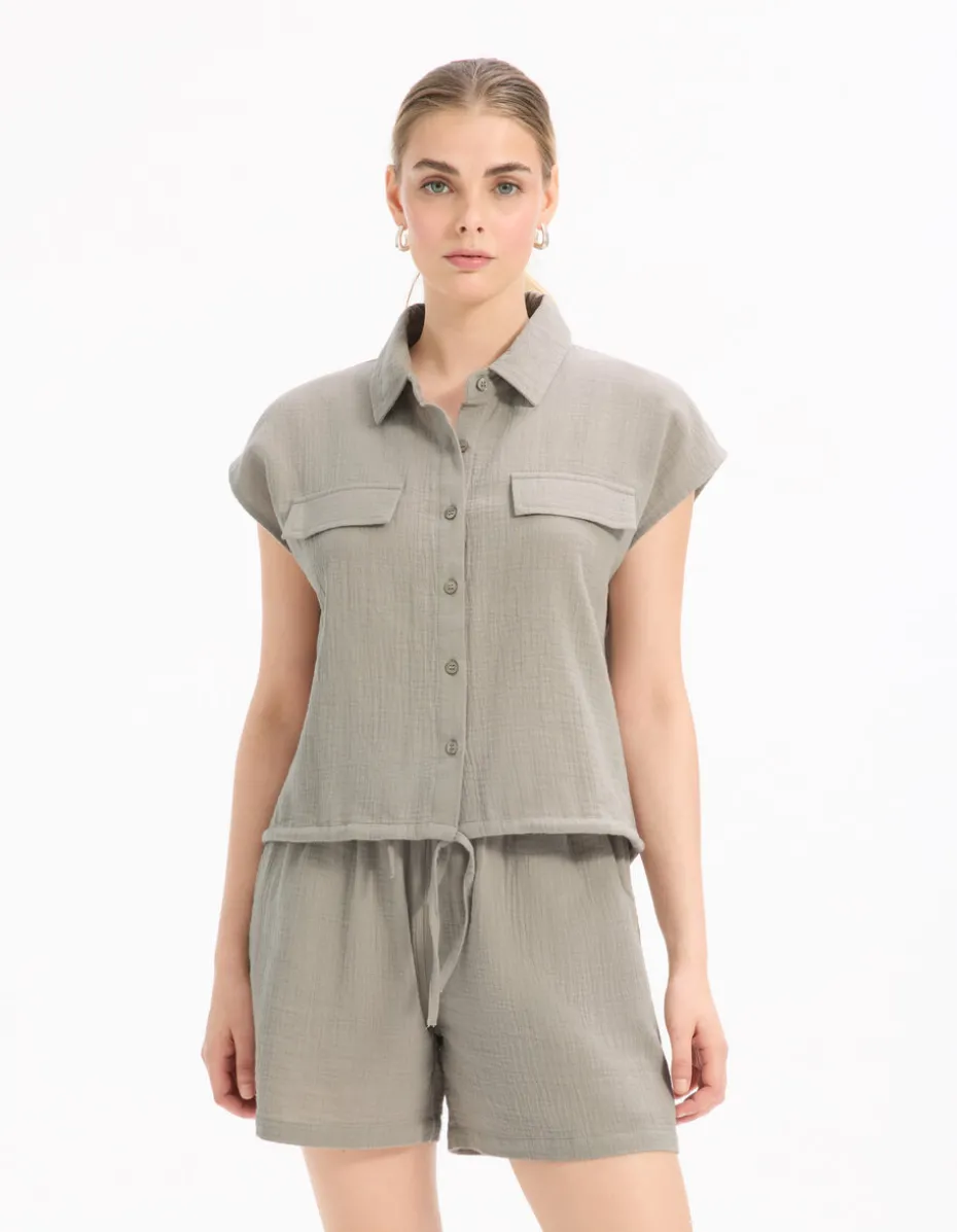 Mouwloze katoenen blouse van gaas - grijs