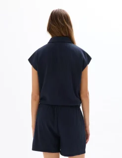 Mouwloze katoenen blouse van gaas - marineblauw