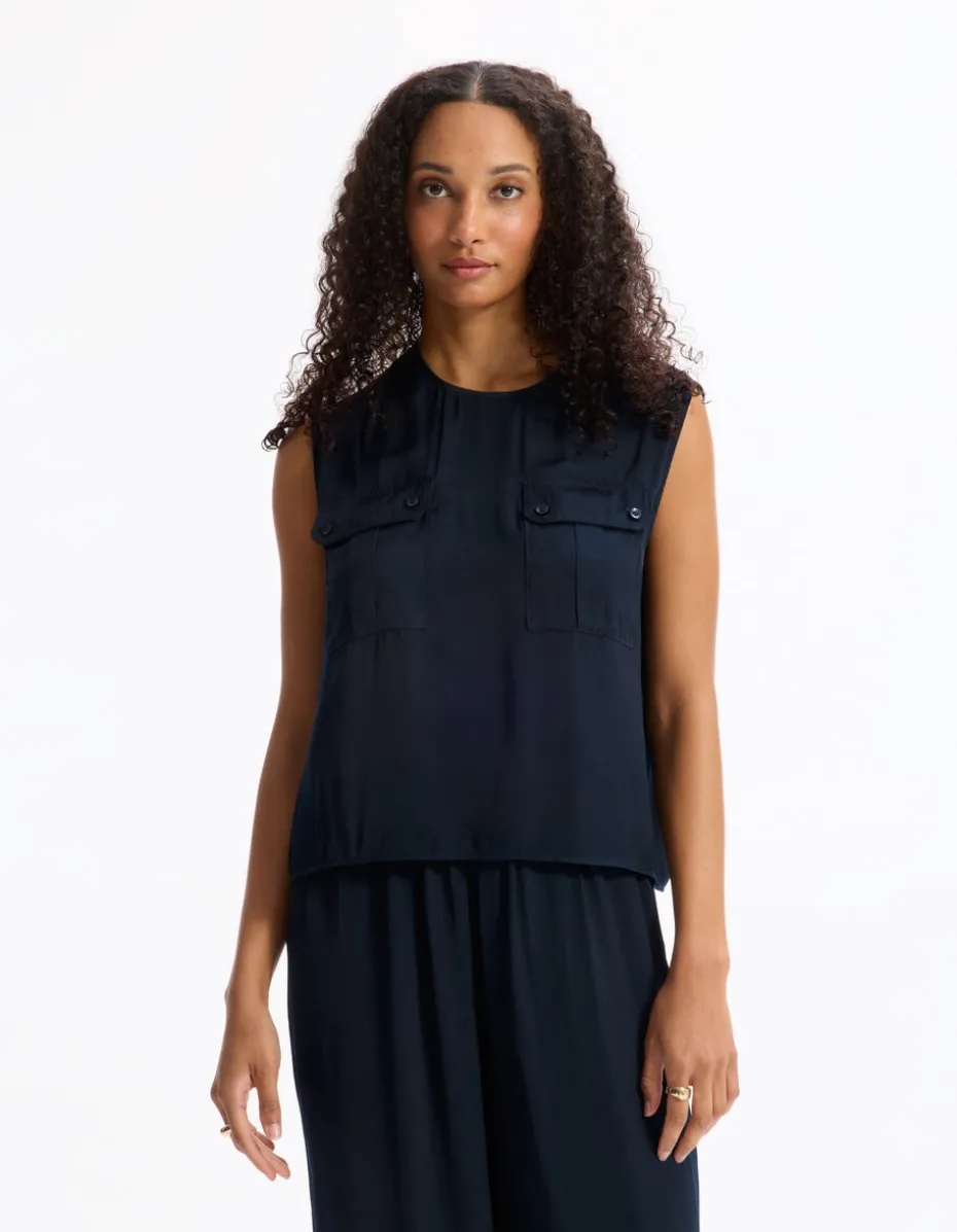 Mouwloze satijnen blouse - marineblauw