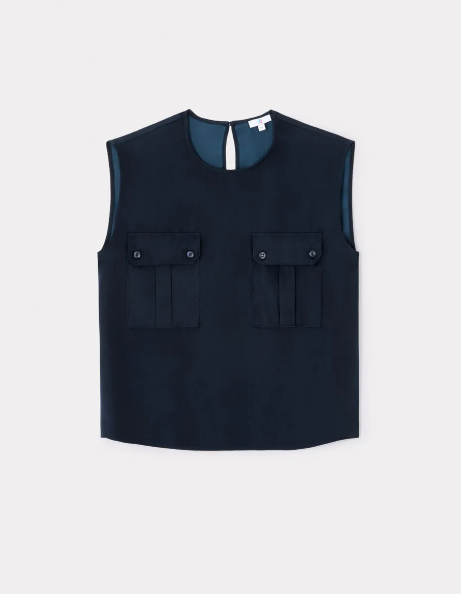 Mouwloze satijnen blouse - marineblauw