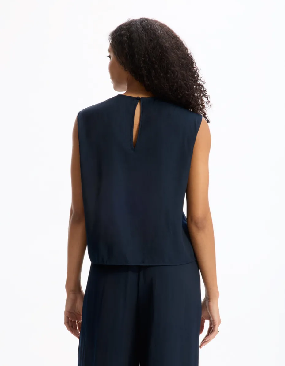 Mouwloze satijnen blouse - marineblauw