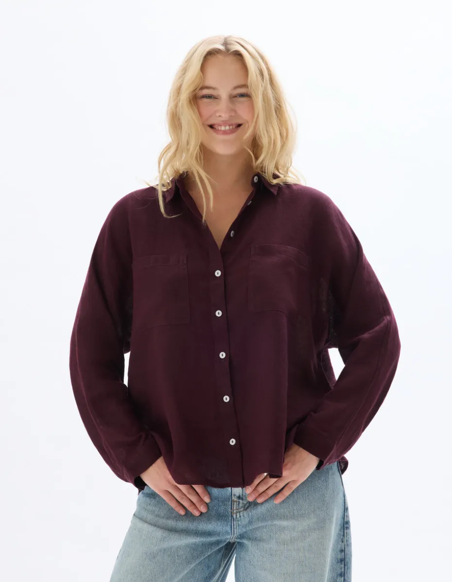 Oversized linnen overhemd - bordeauxrood