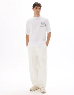 Oversized T-shirt met ronde hals, Aziatische print, 100% katoen - Wit