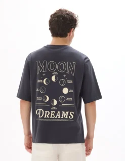 Oversized T-shirt met ronde hals, 100% katoen, astro print - nachtblauw