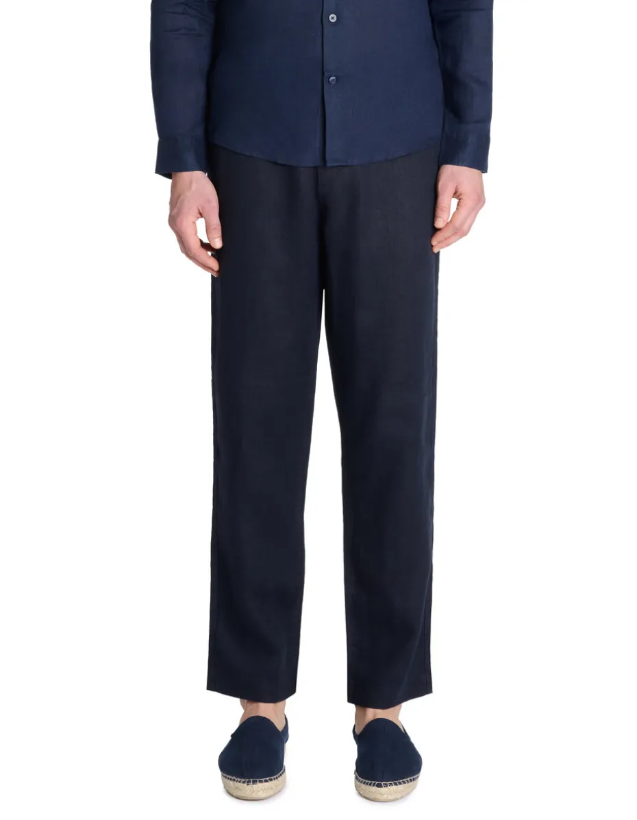 Rechte broek van linnenmix - marineblauw