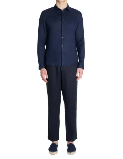 Rechte broek van linnenmix - marineblauw