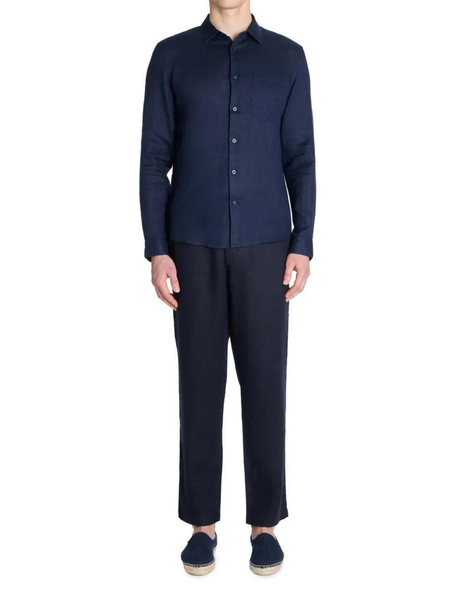 Rechte broek van linnenmix - marineblauw