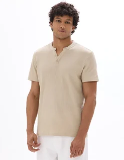 Regular Fit Henley T-shirt - Gewafeld - 100% Katoen - Sand
