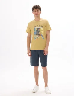 Regular fit T-shirt met ronde hals van 100% katoen met Aziatische print - Mosterd