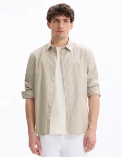 Regular gestreepte shirt 100% katoen - beige