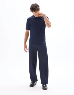 Ribgebreide regular fit polo - marineblauw