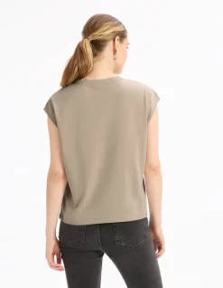 Ruimvallend mouwloos katoenen T-shirt beige