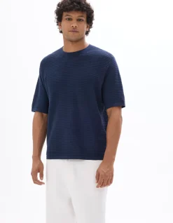 Ruimvallend T-shirt met ronde hals en opengewerkt breisel - Marineblauw
