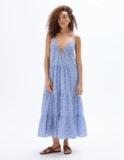 Saint-Tropez - Lange soepelvallende blauwe bandjesjurk