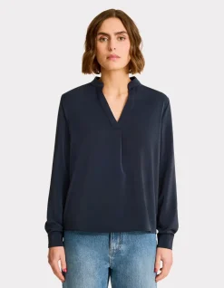 Satijnen blouse met Tunesische halslijn - marineblauw