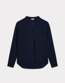 Satijnen blouse met Tunesische halslijn - marineblauw