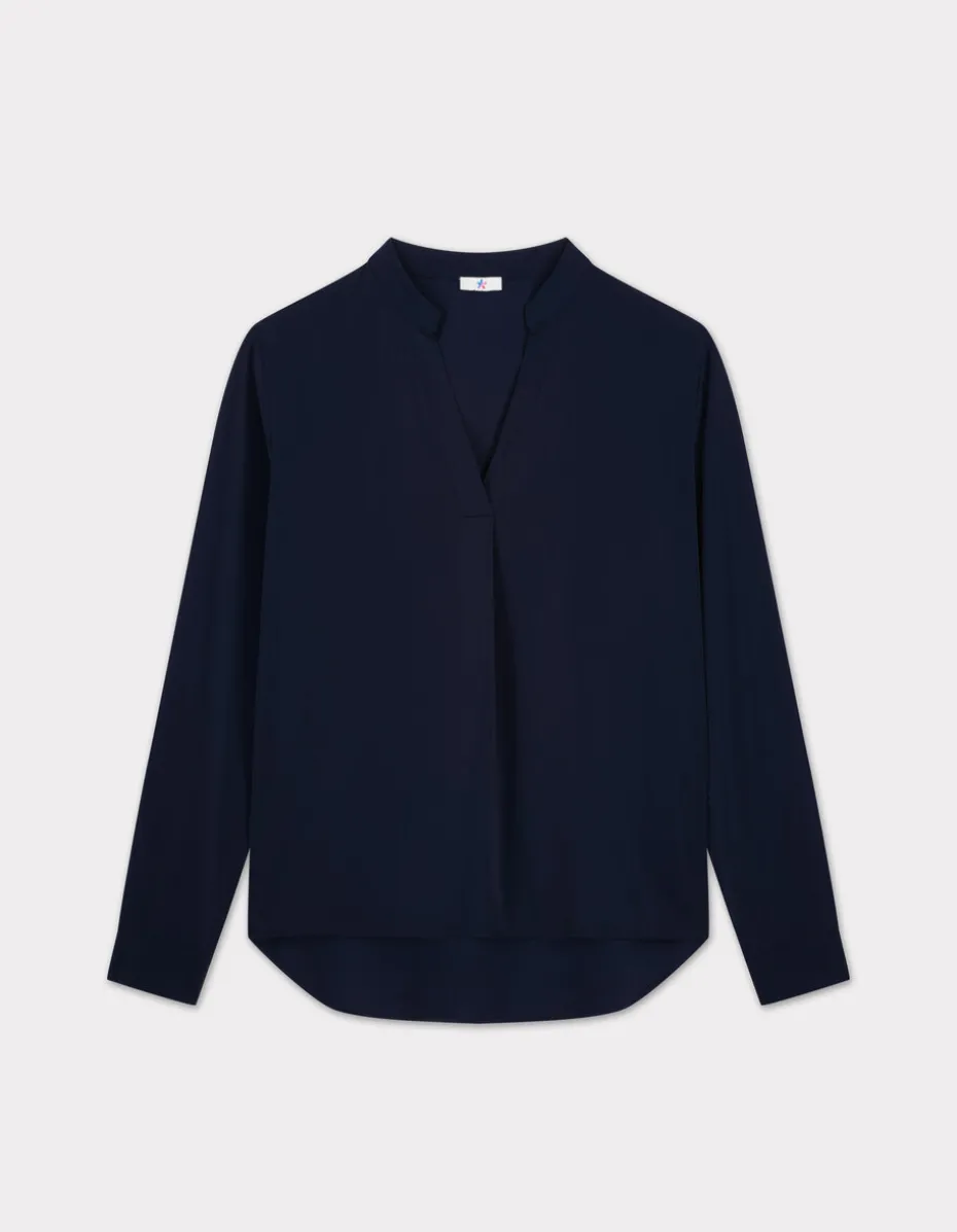 Satijnen blouse met Tunesische halslijn - marineblauw