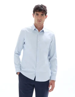 Slim fit 100% katoen dobby hemd - lichtblauw