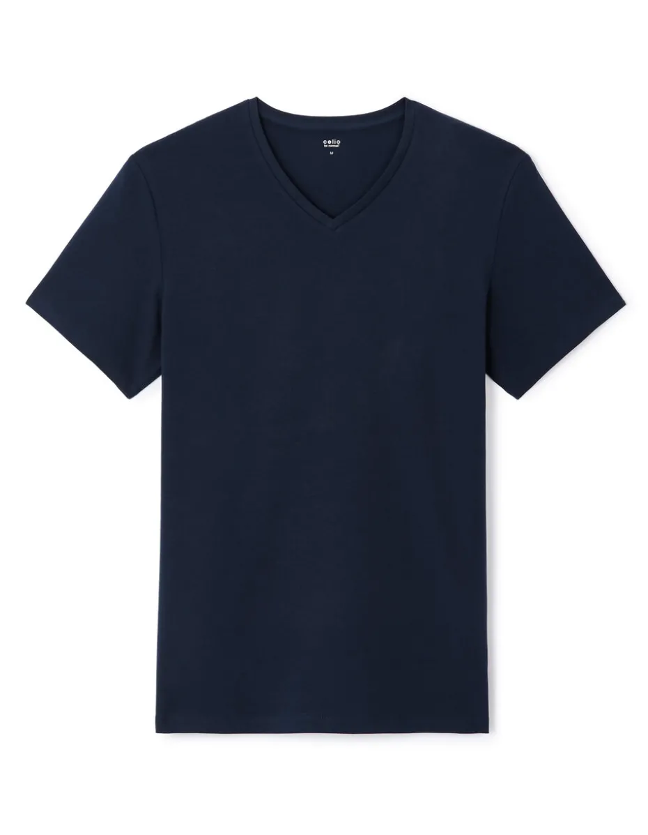 Slim-fit T-shirt met V-hals in stretchkatoen - marineblauw