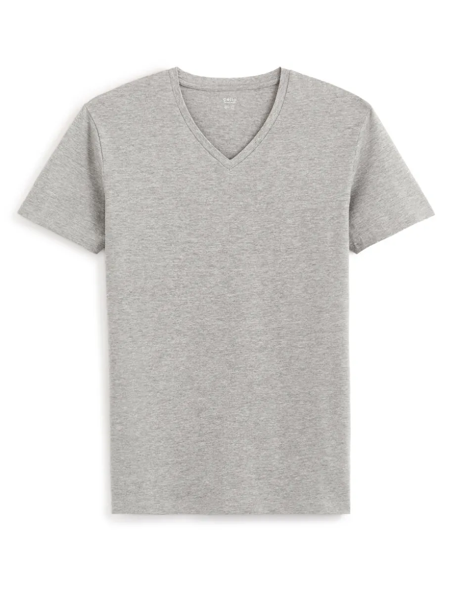 Slim-fit T-shirt met V-hals in stretchkatoen - gemêleerd grijs