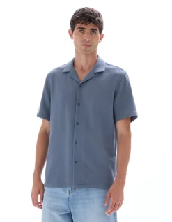 Slub katoenen regular fit shirt - 100% katoen - blauwgrijs