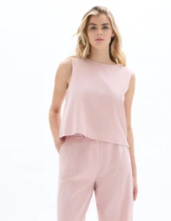 Top van katoenlinnen met knoopje aan de zijkant - roze
