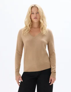 Trui 100% merinowol V-hals - beige