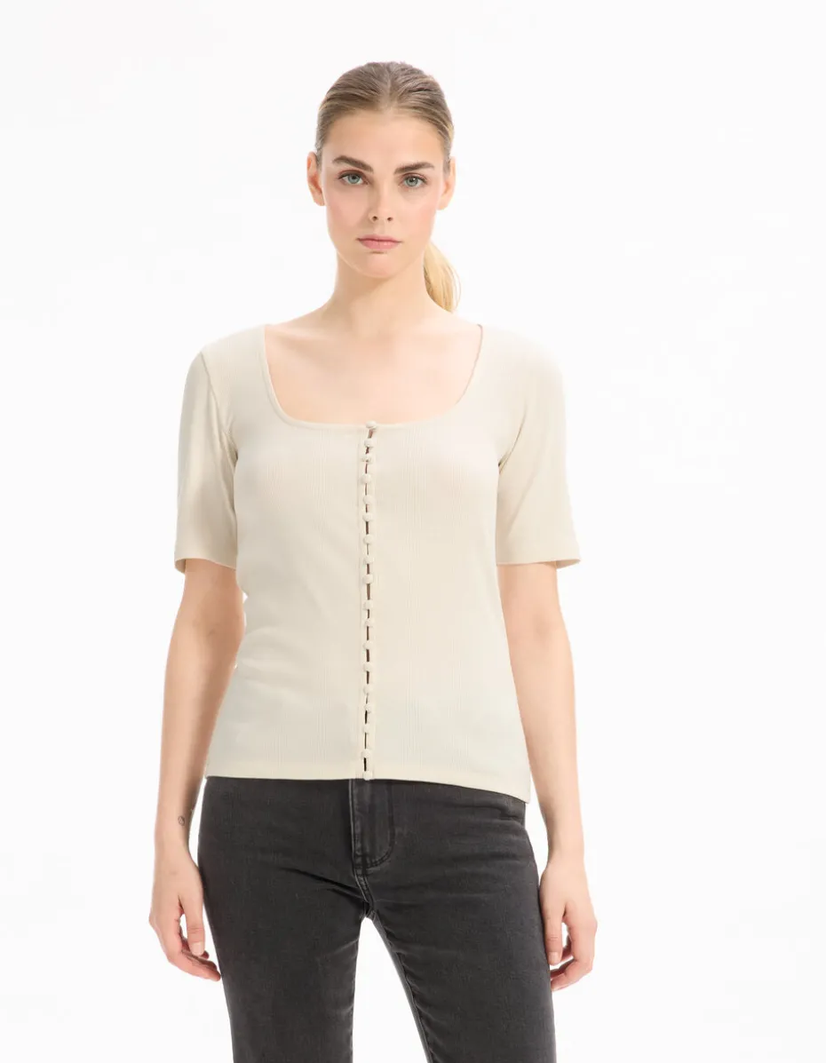 T-shirt met korte mouwen en knoopjes - beige