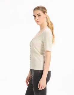 T-shirt met korte mouwen en knoopjes - beige