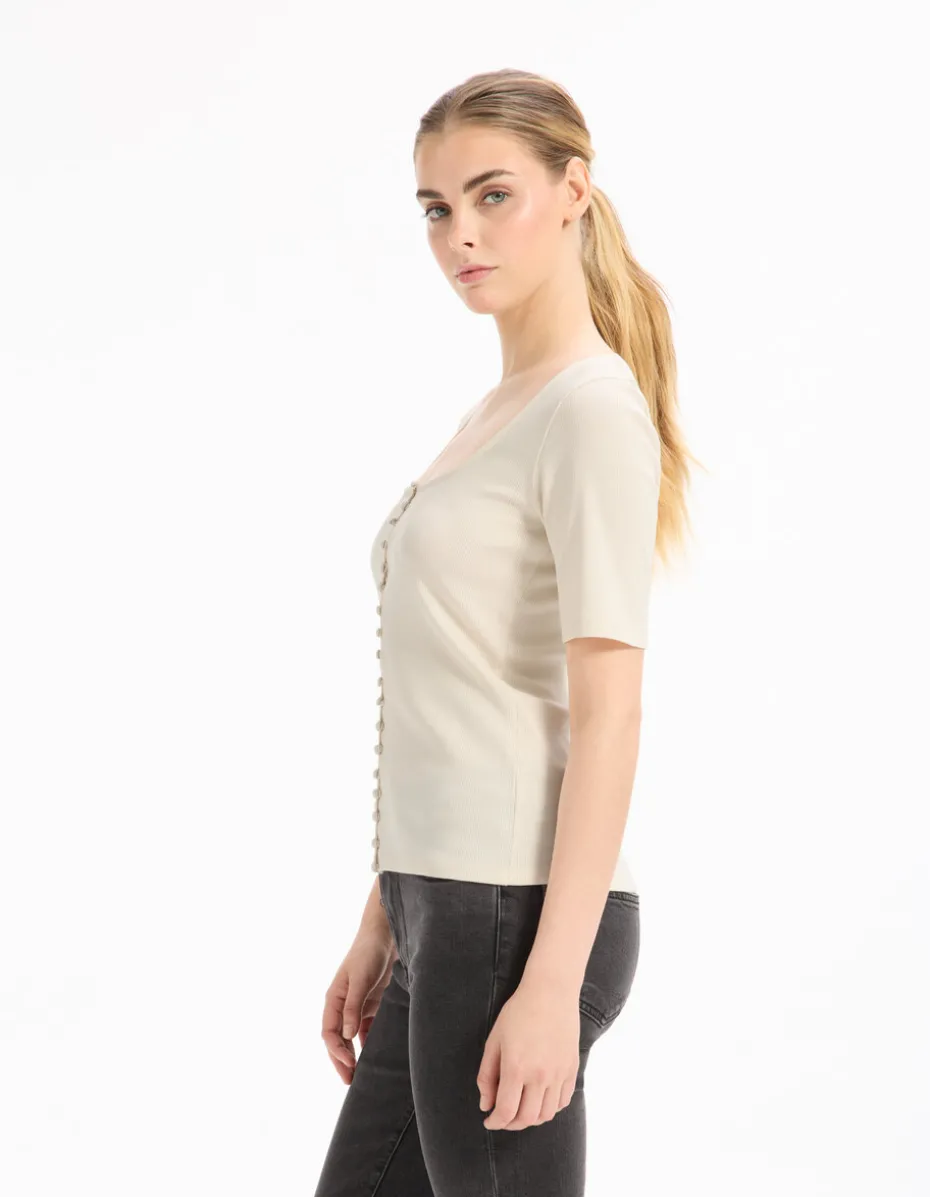 T-shirt met korte mouwen en knoopjes - beige