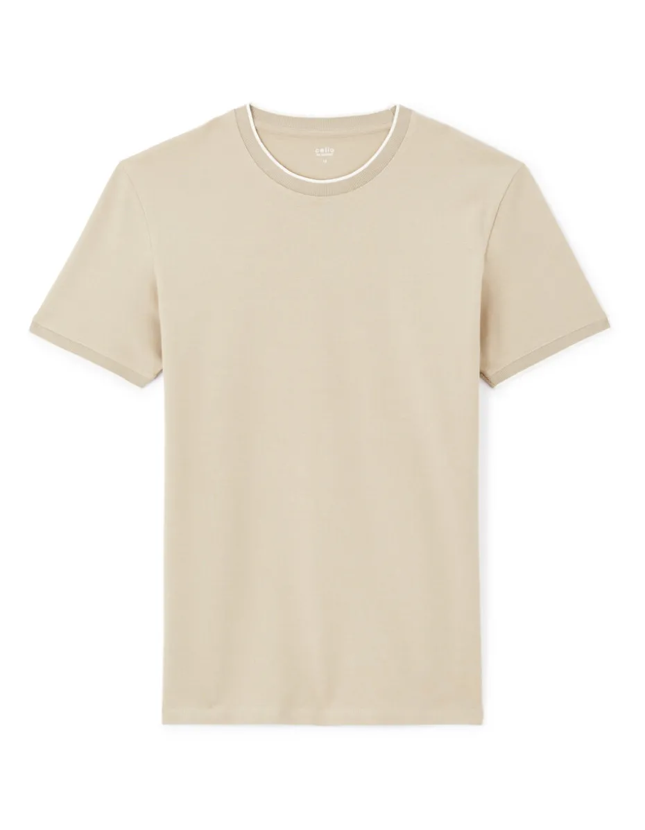 T-shirt rechte ronde hals 100% katoen stretch - beige